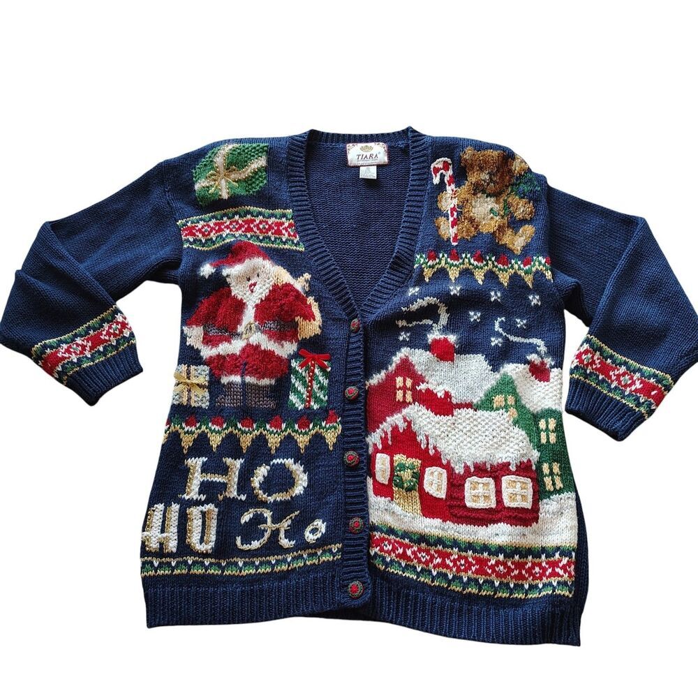 Tiara International Christmas Cardigan M Vintage 90s Santa Bear Holiday